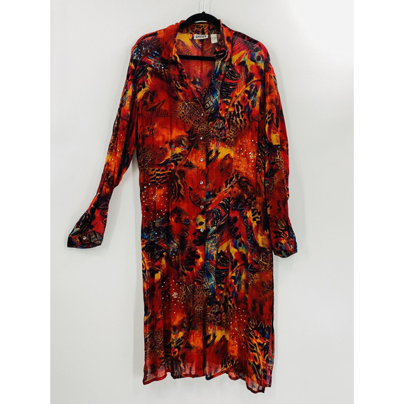 Chicos 3 Long Top Size XL/16 Red Sheer Embellished Button Duster Art to Wear